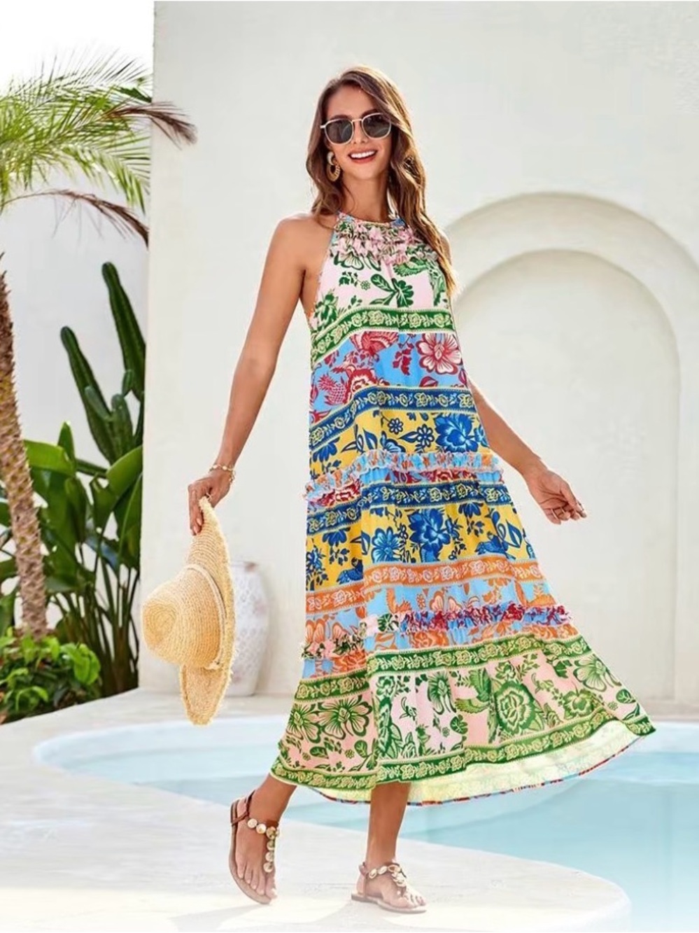 Colorful Floral Tiered Halter Maxi Dress